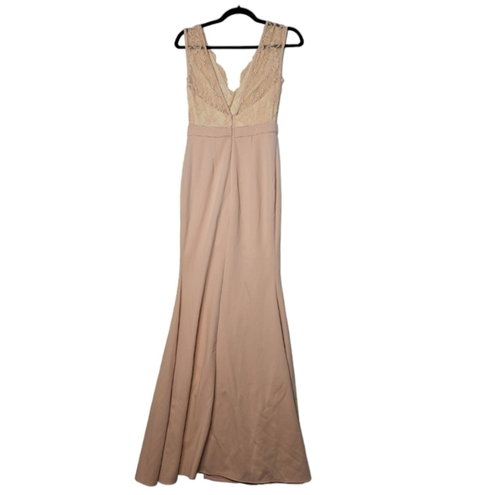 Maniju Blush Beige Scalloped V Neck Lace Sleeveless Top Side Slit Maxi Dress S - Picture 11 of 13